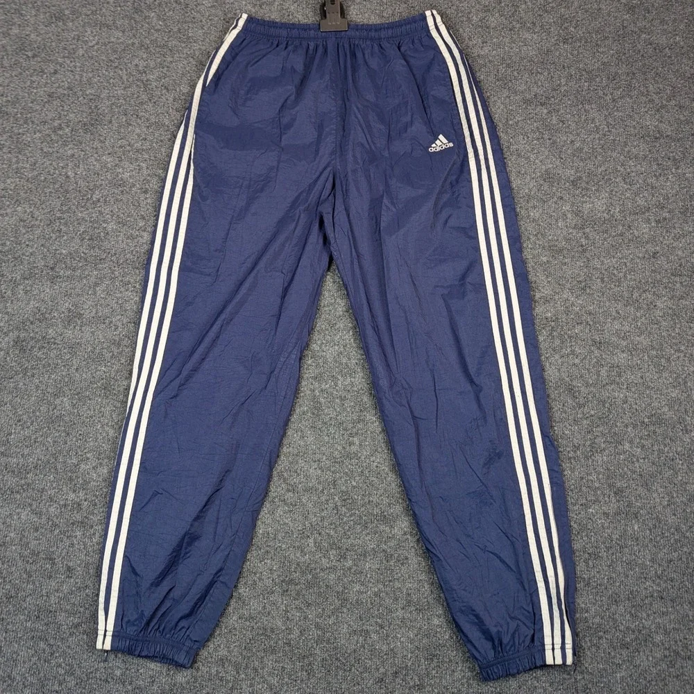 Adidas Vintage Track Pants Navy Blue White Stripe Nylon Windbreaker Mens XL